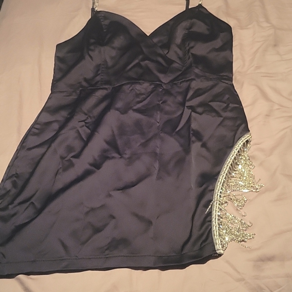 Black silk dress with rhinestone split
